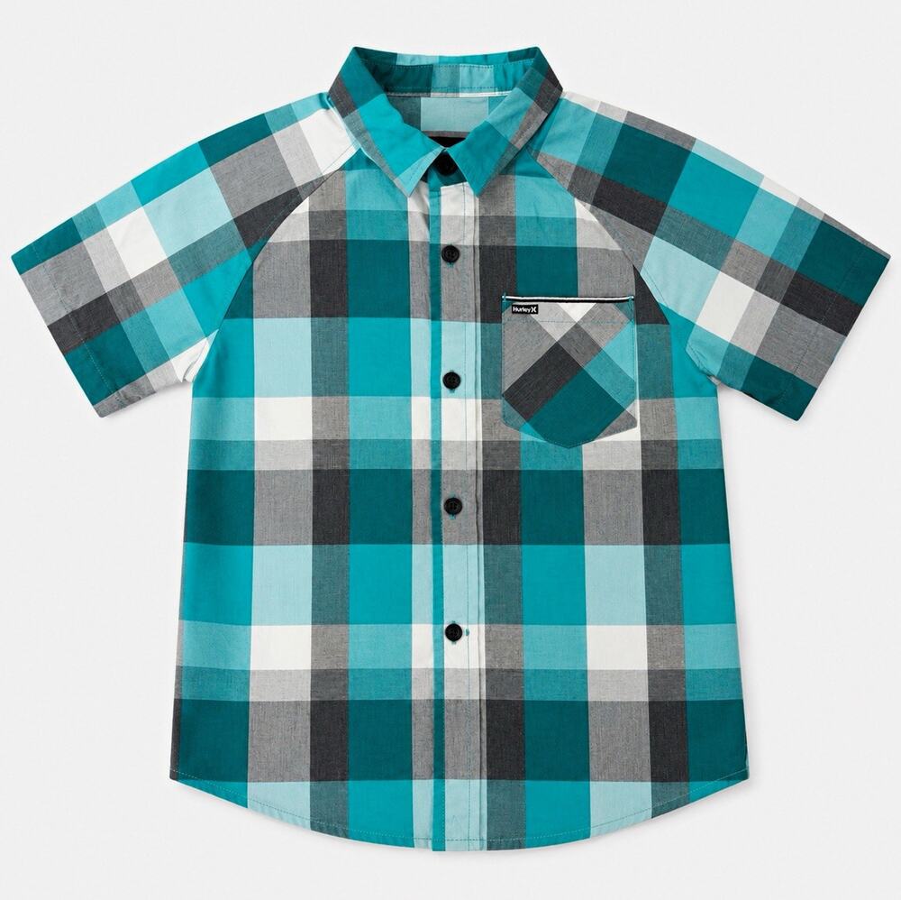 Hurley Boys 7 Plaid Button-Up Shirt Blue/Gray/White Cotton Collared Logo